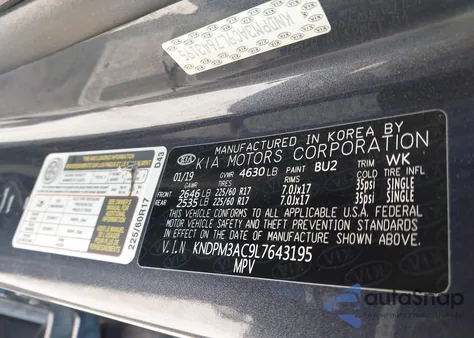 2020 Kia Sportage Lx z USA, uszkodzony, nr VIN KNDPM3AC9L7643195